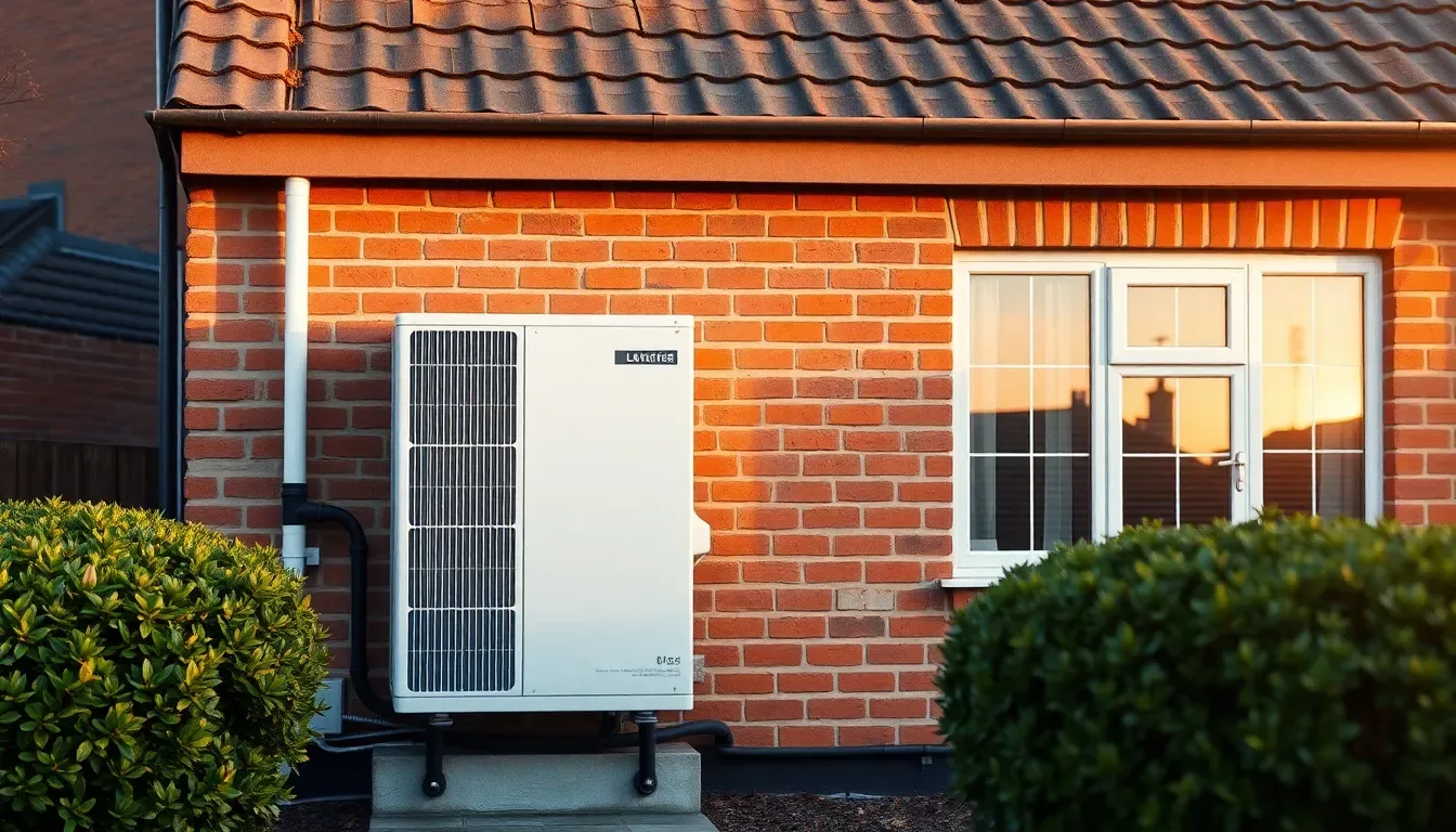 Modern white air source heat pump unit installed on the side of a typical UK semi-detached brick home, late afternoon natural light, clean professional installation