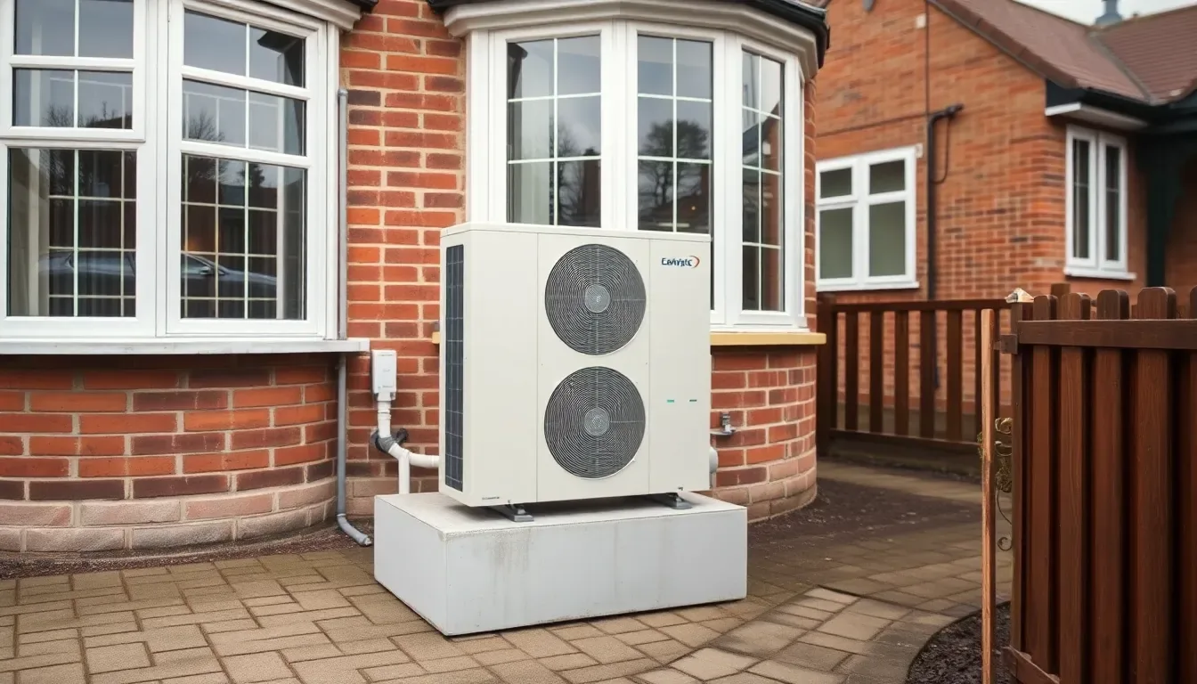 Clean professional installation of a white air source heat pump on the side wall of a 1930s UK semi-detached home, paved garden, late afternoon