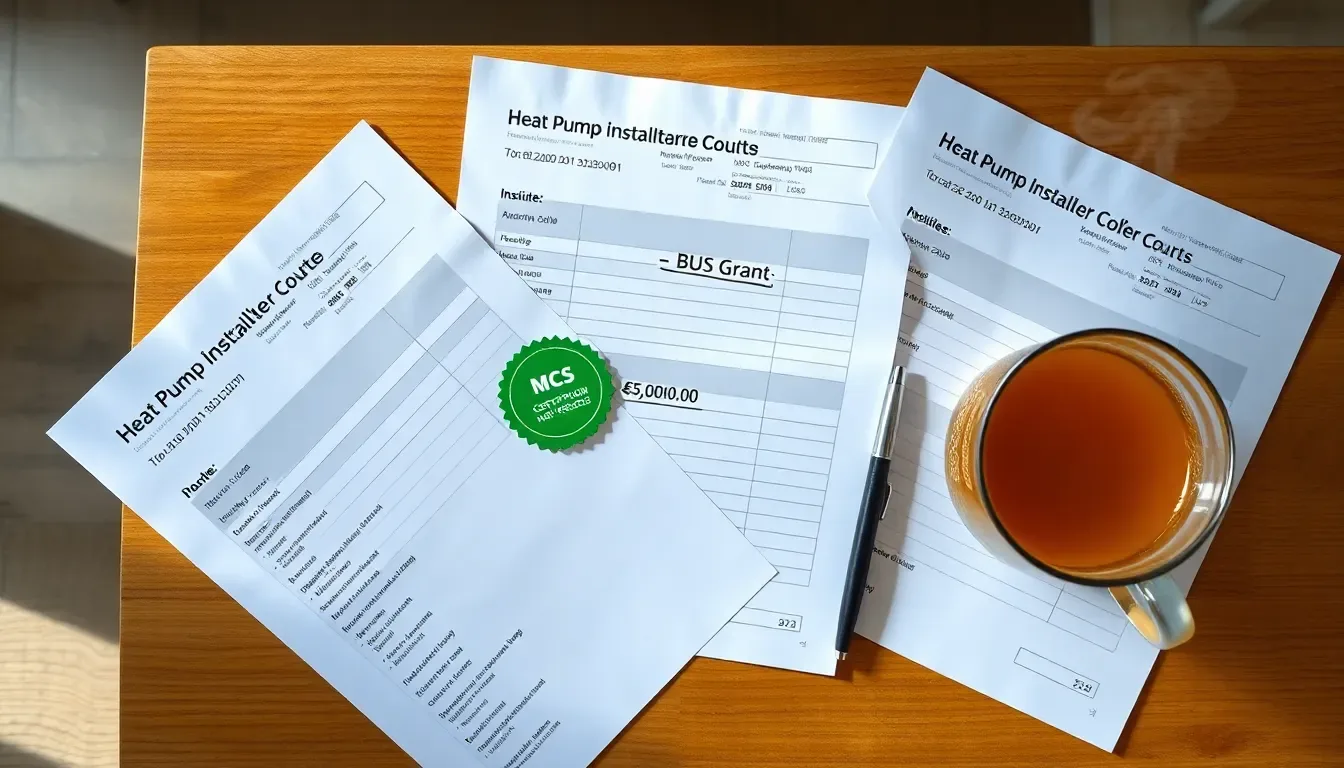 Stack of UK heat pump installer quotes on a table, top page showing a £7,500 BUS grant deduction prominently, branded with MCS logo