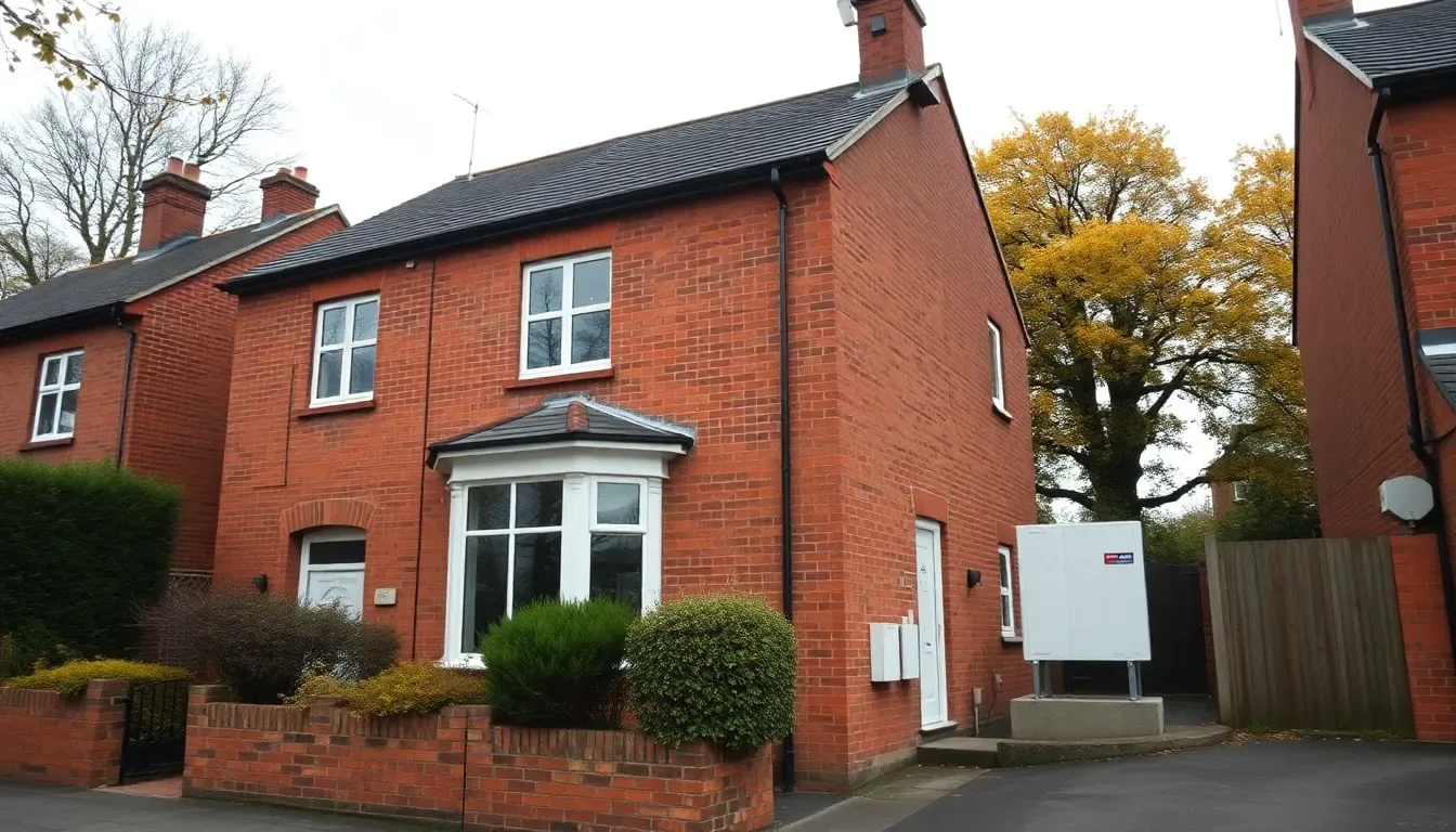 Exterior of a 1937 red-brick semi-detached home in north Leeds with an air source heat pump unit on the side wall, mature front garden, autumn light