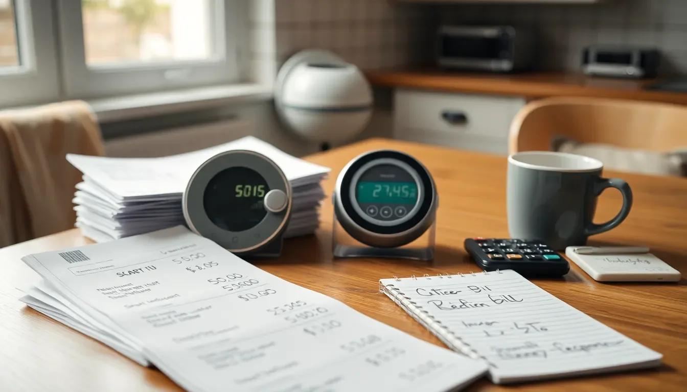 UK kitchen table with energy bills, a smart meter display, and a calculator — household running cost comparison setting, natural light