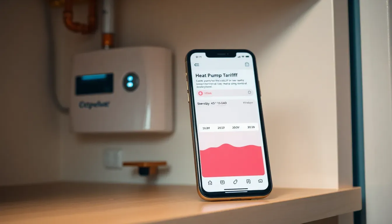 Smartphone showing the Octopus Energy app on a heat pump tariff schedule, beside a heat pump indoor controller in a UK utility room