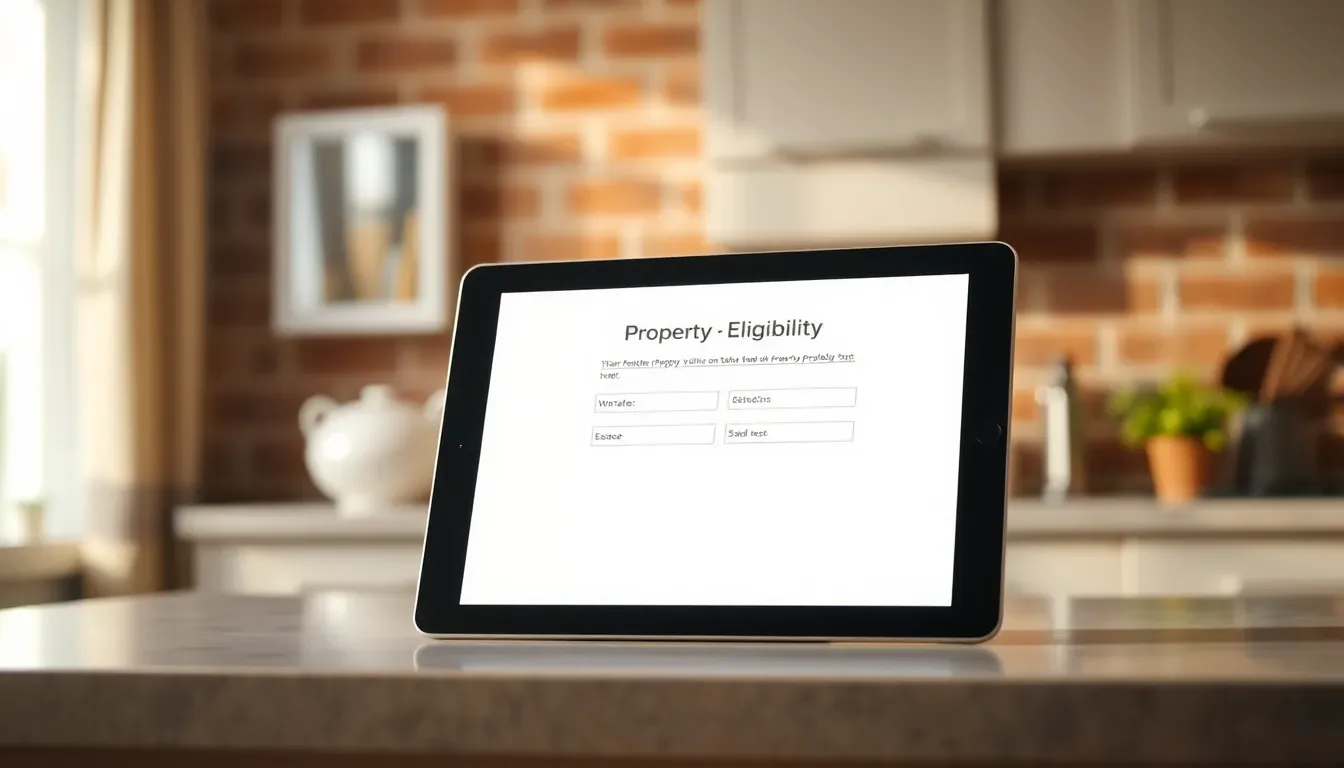Tablet device on a UK kitchen counter showing a property eligibility check form, with the property's brick wall visible in soft background