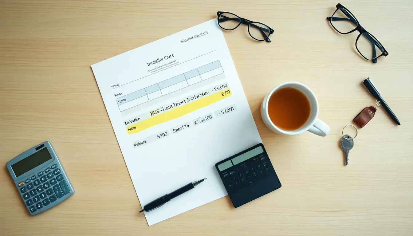 UK homeowner at kitchen table reviewing heat pump quote paperwork with £7,500 BUS grant deduction clearly visible, natural daylight