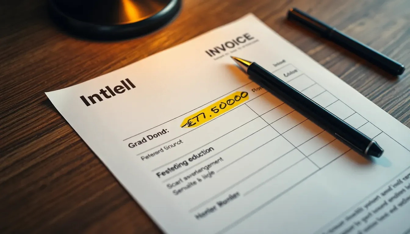 Close-up of a heat pump installer's invoice showing the £7,500 BUS grant deduction line item, professional business documentation