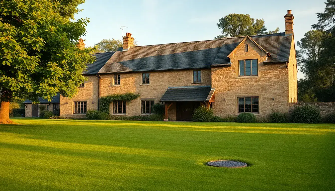 Rural UK stone-built farmhouse with discreet ground source heat pump installation, large garden, no visible outdoor unit, period property setting