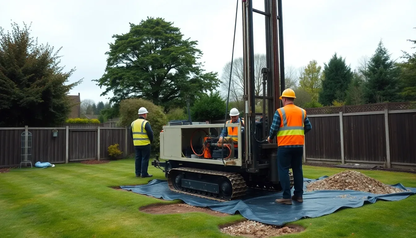 Compact borehole drilling rig operating in a UK garden during a ground source heat pump installation, professional drilling crew