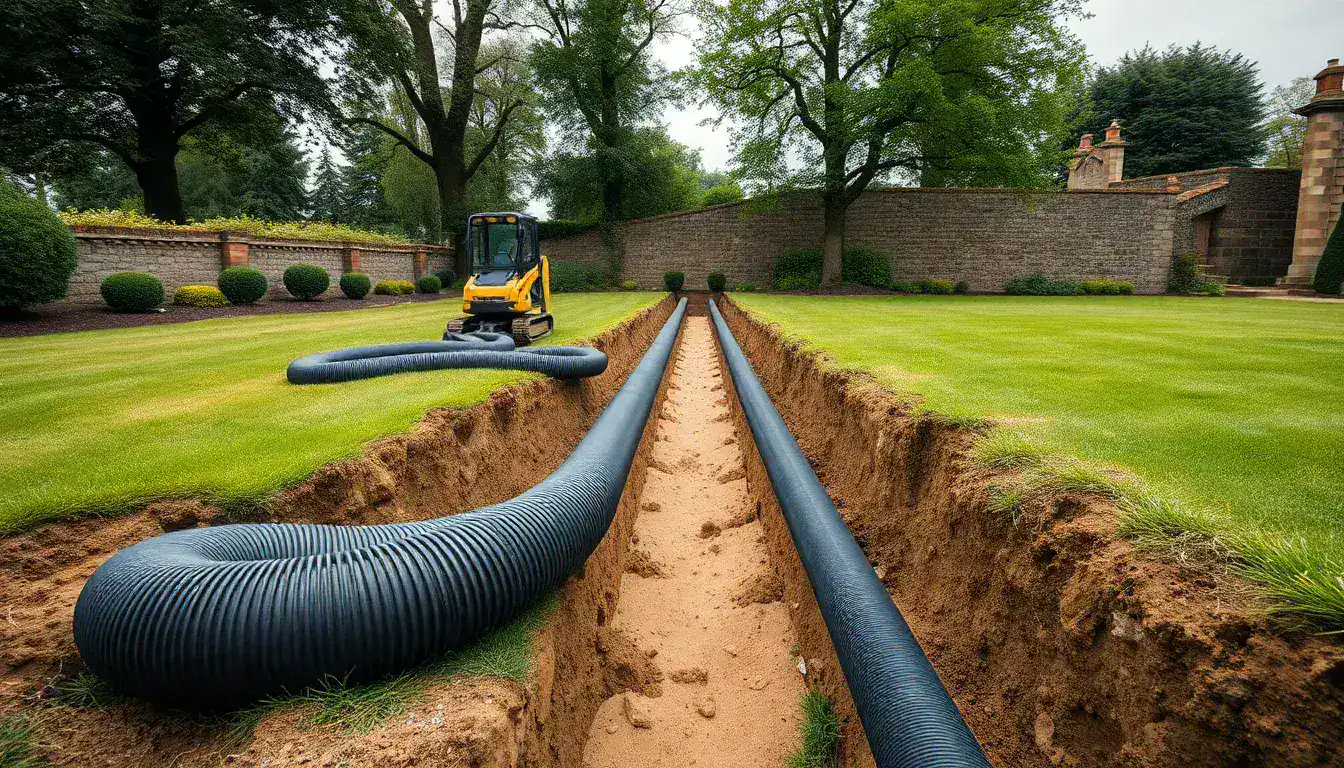 Black polyethylene ground loop pipes being laid in a horizontal trench during a UK ground source heat pump installation