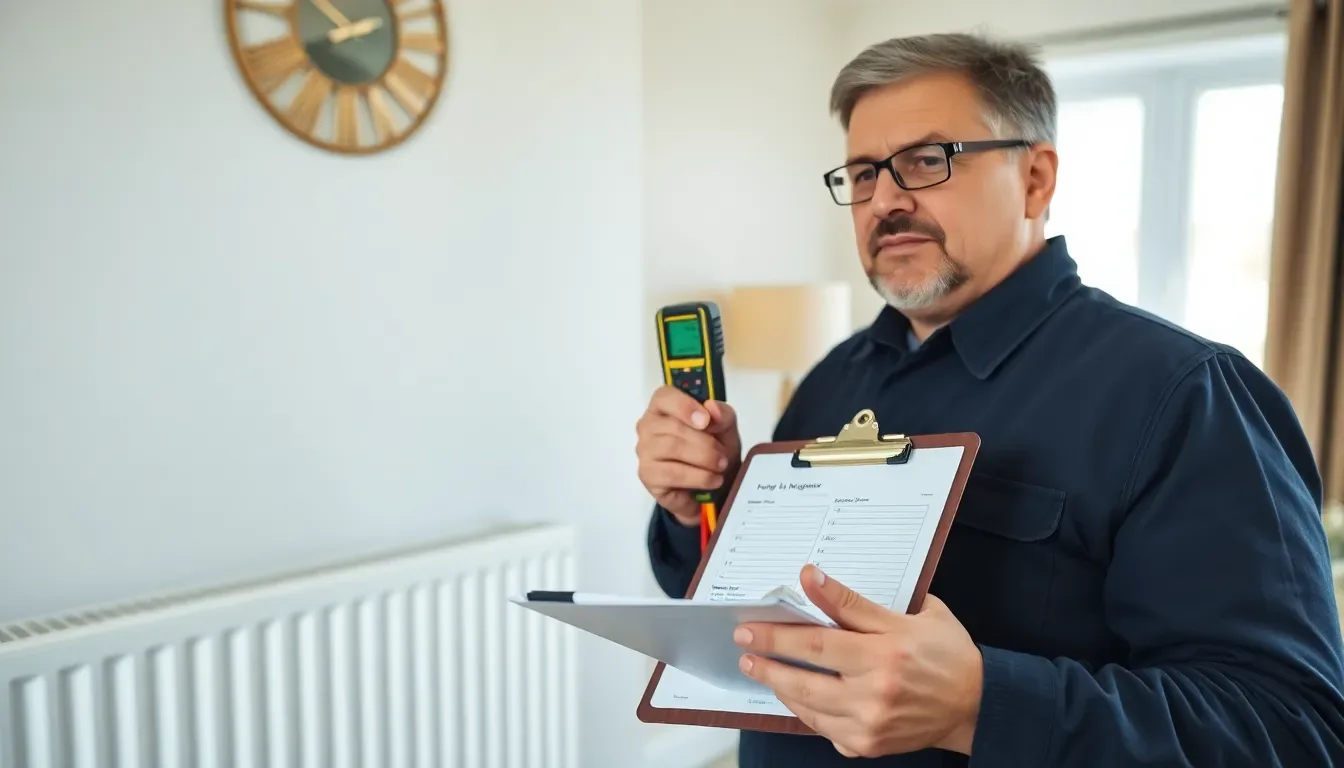 MCS-certified heating engineer with clipboard taking room measurements during a heat pump heat loss survey in a UK home