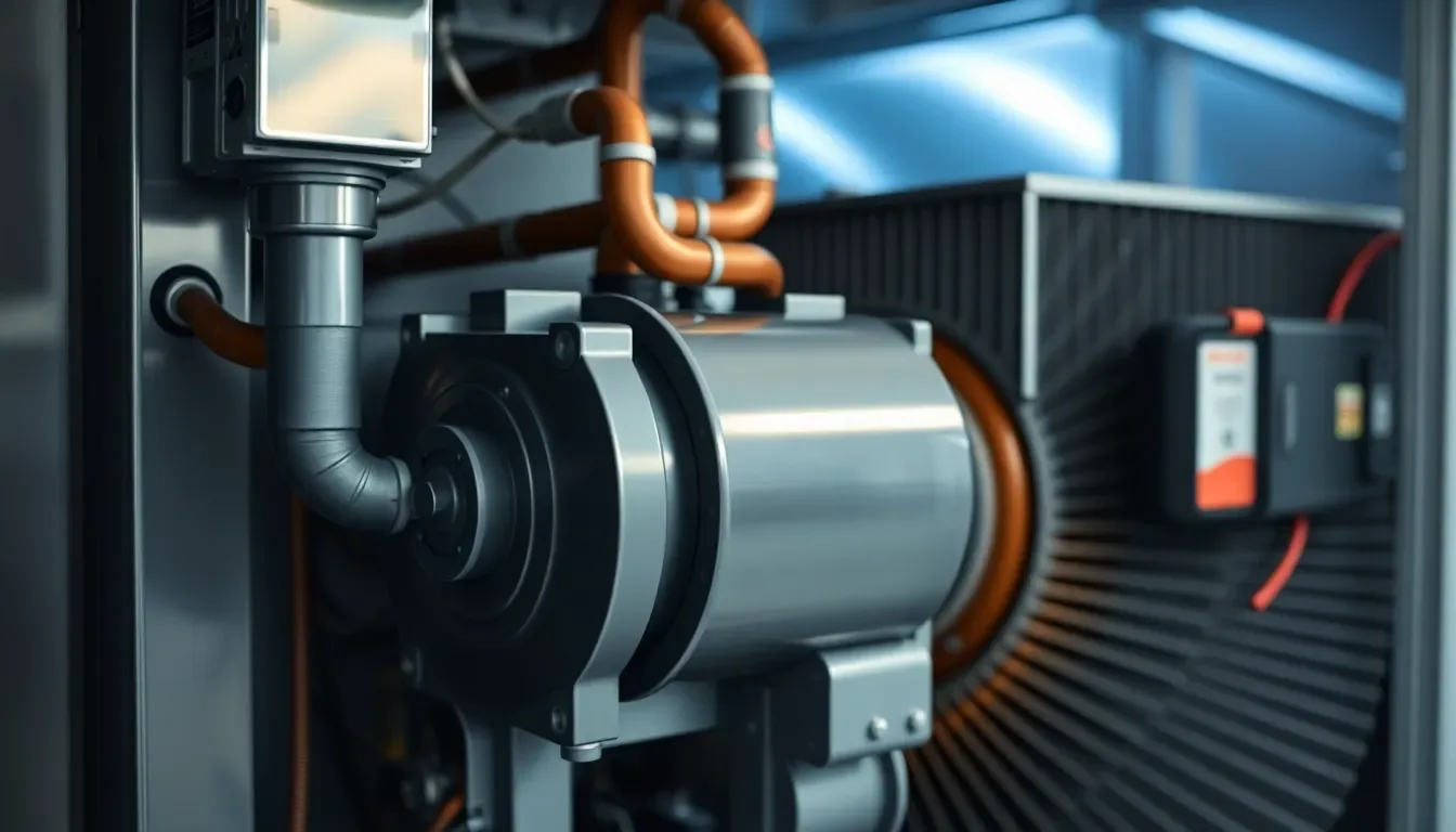 Internal view of an air source heat pump showing the compressor, refrigerant lines and finned heat exchanger, technical close-up