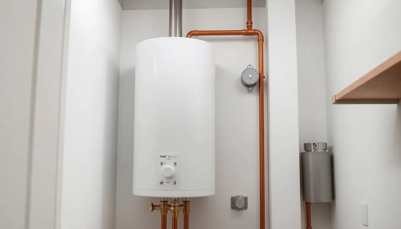 Modern unvented hot water cylinder installed in a UK airing cupboard alongside controls and pipework, clean utility room install
