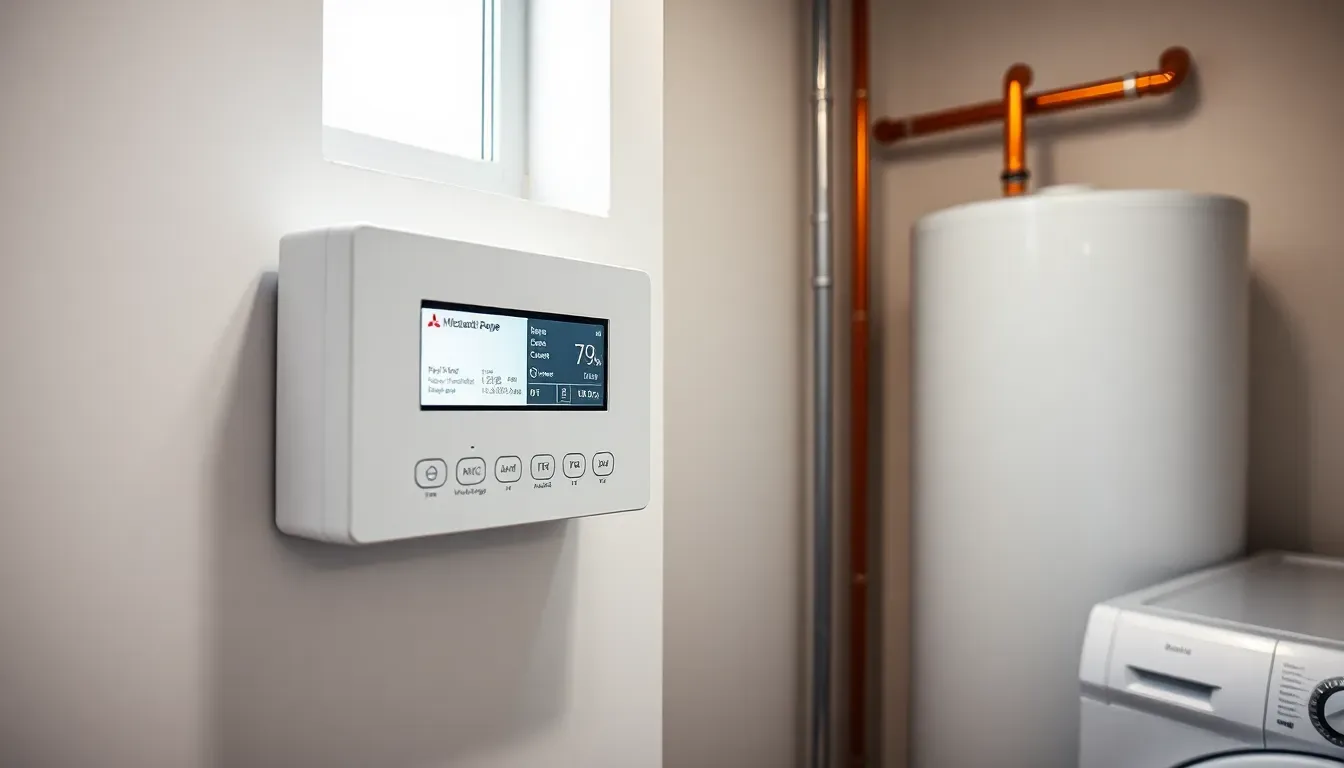 Modern heat pump indoor controller and hot water cylinder installed in a UK utility room, neat pipework, professional finish