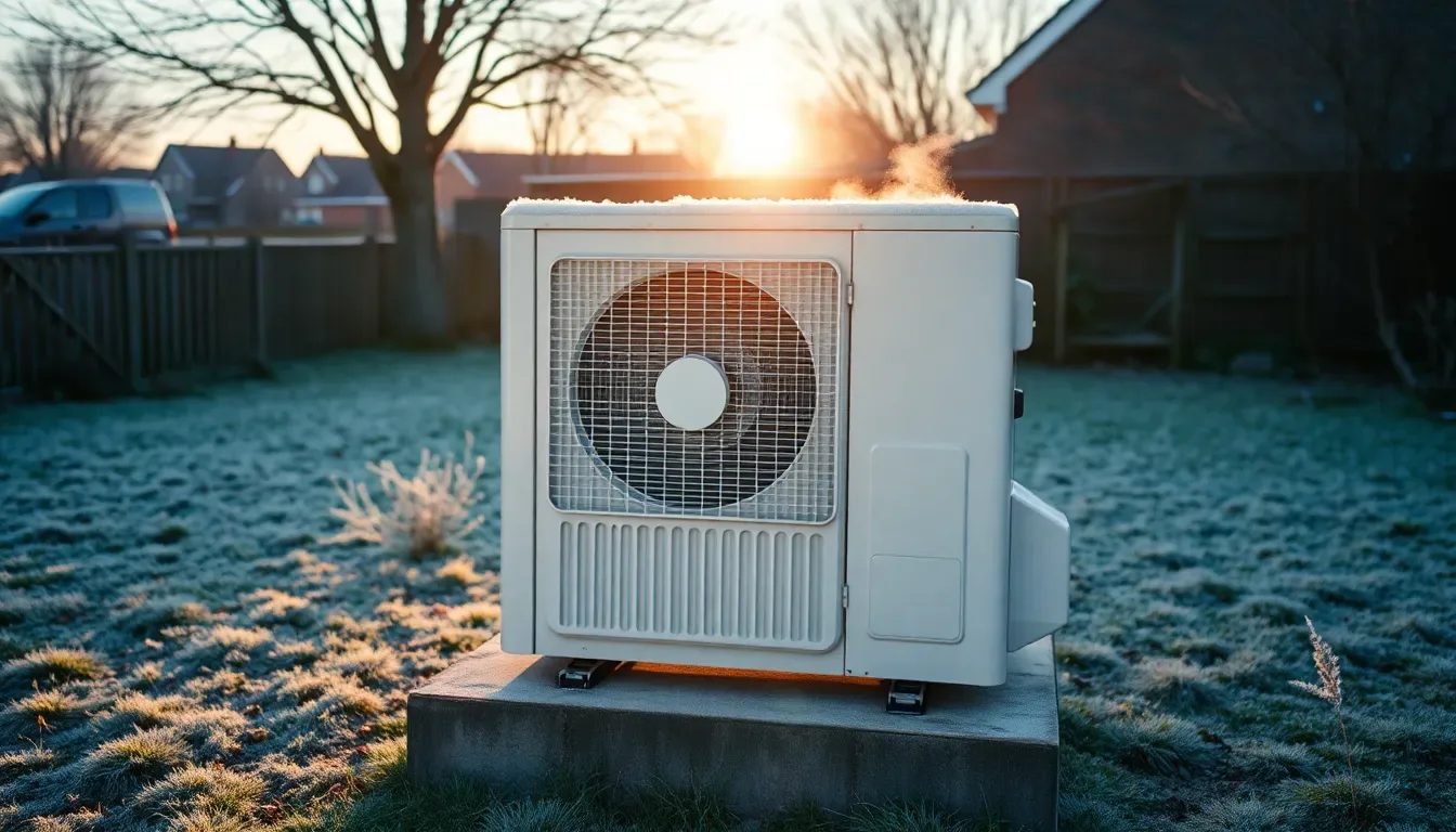 Air source heat pump unit working in light frost on a cold UK winter morning, visible warmth haze from the outlet, garden setting