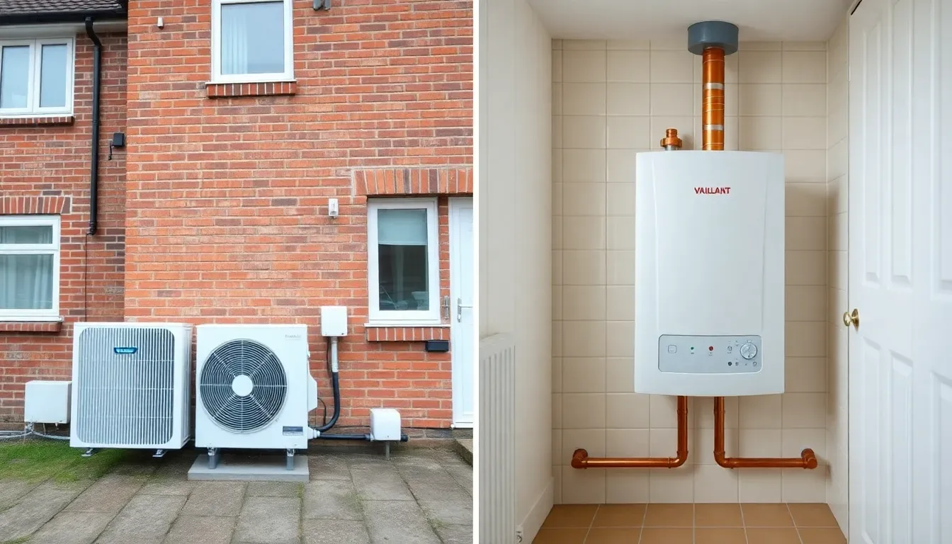 Split composition: air source heat pump unit on the side of a UK semi-detached home on the left, modern gas combi boiler in a utility cupboard on the right
