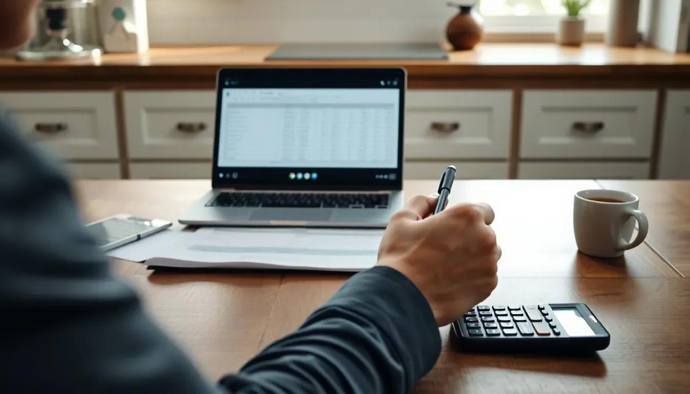UK homeowner at a kitchen table with heat pump installer quotes, an energy bill, and a laptop showing the cost calculator