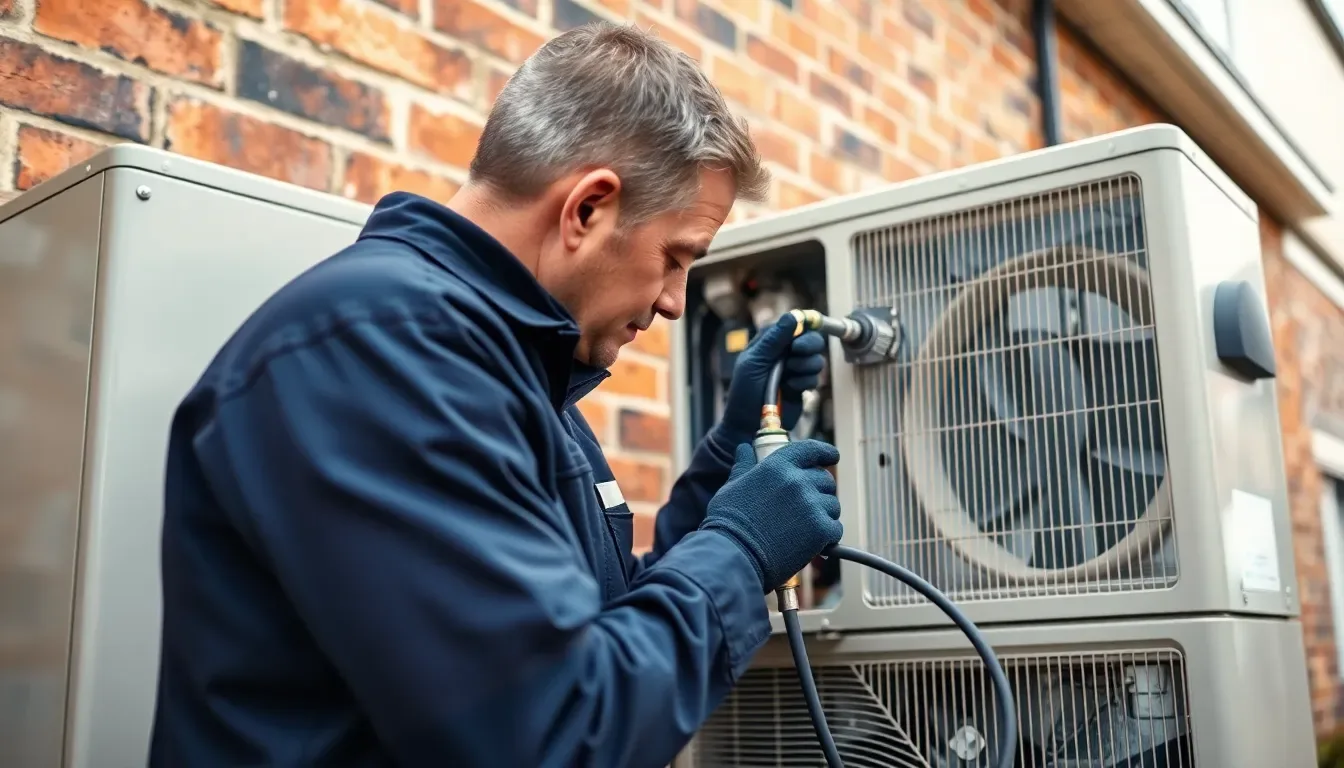 MCS-certified heating engineer in branded workwear installing an air source heat pump on a UK property, professional environment