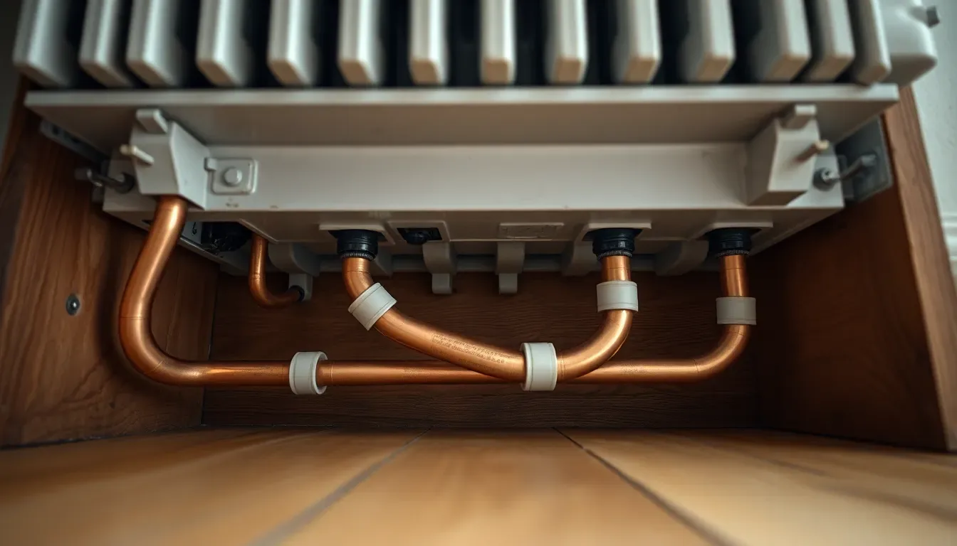Close-up of 10mm copper microbore pipework feeding a UK radiator from beneath a floorboard, showing tight bends and small bore