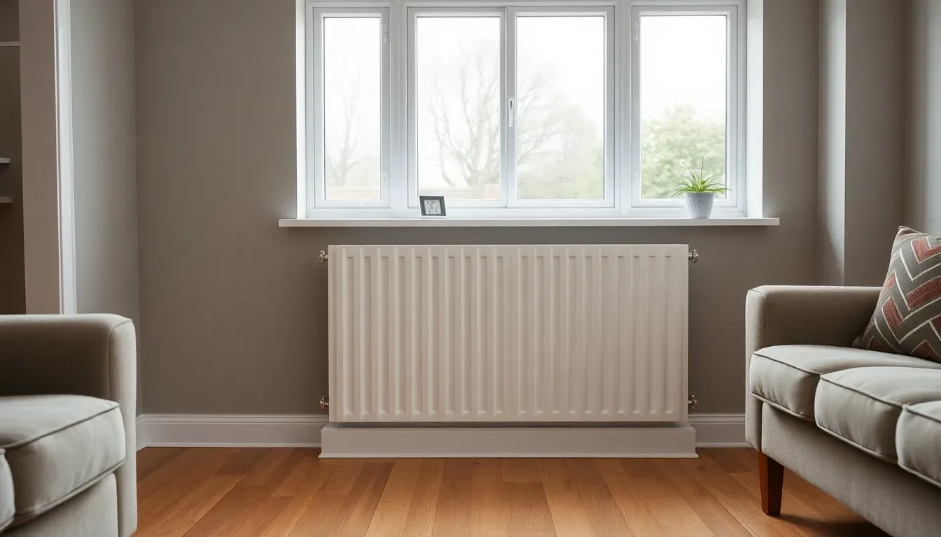 Modern white double-panel radiator under a bay window in a UK 1930s semi-detached living room, soft natural daylight