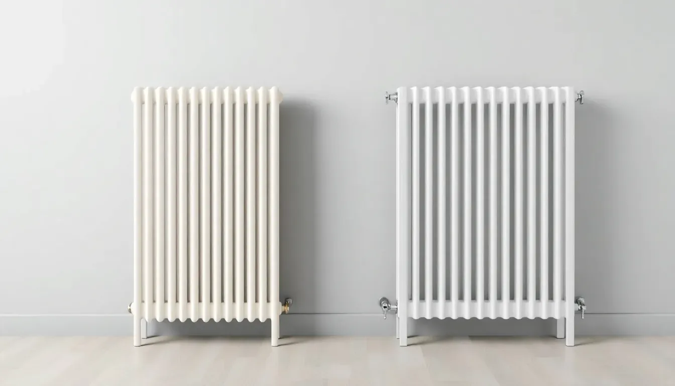 Side-by-side comparison of an old single-panel radiator and a new double-panel convector radiator on a plain wall, professional photography