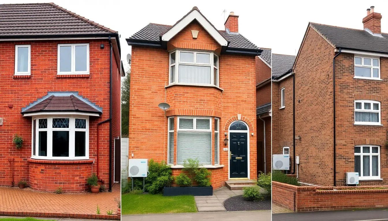 Composite of typical UK home types suited to air source heat pumps: 1930s semi, Victorian terrace, modern new-build detached, all with discreet outdoor units